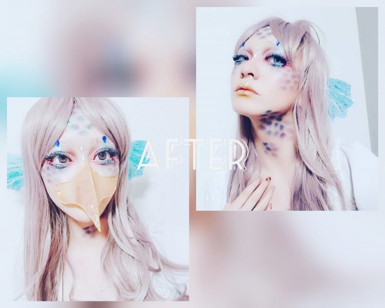 妖怪の模様を顔に描いた変身写真が二枚並ぶ